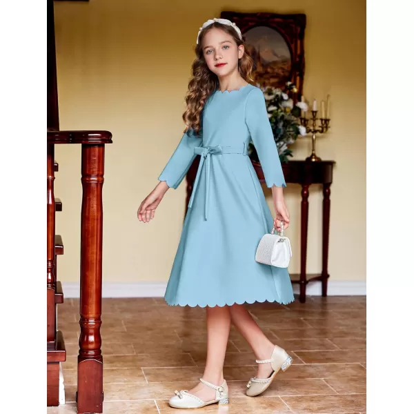 Arshiner Girls Party Dress Scallop Trim Belted A-Line Formal Midi Dresses with Pockets for 6-15Y