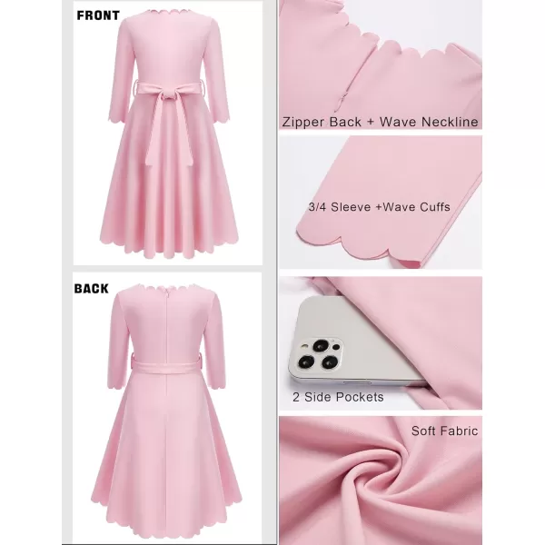 Arshiner Girls Party Dress Scallop Trim Belted A-Line Formal Midi Dresses with Pockets for 6-15Y