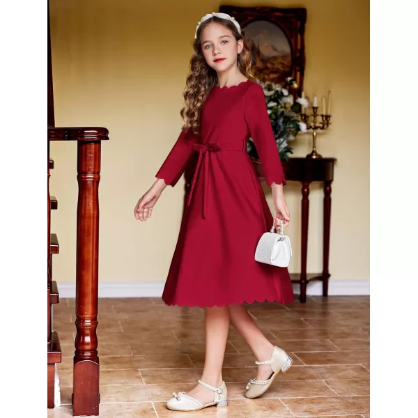 Arshiner Girls Party Dress Scallop Trim Belted A-Line Formal Midi Dresses with Pockets for 6-15Y