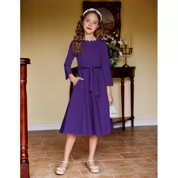 Arshiner Girls Party Dress Scallop Trim Belted A-Line Formal Midi Dresses with Pockets for 6-15Y