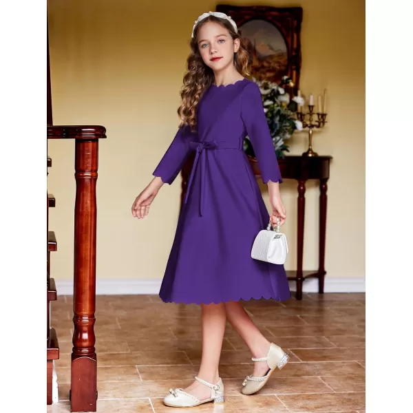 Arshiner Girls Party Dress Scallop Trim Belted A-Line Formal Midi Dresses with Pockets for 6-15Y