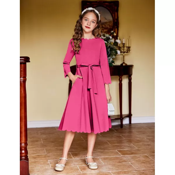 Arshiner Girls Party Dress Scallop Trim Belted A-Line Formal Midi Dresses with Pockets for 6-15Y