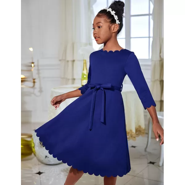 Arshiner Girls Party Dress Scallop Trim Belted A-Line Formal Midi Dresses with Pockets for 6-15Y