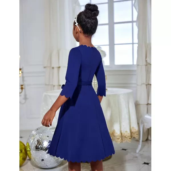 Arshiner Girls Party Dress Scallop Trim Belted A-Line Formal Midi Dresses with Pockets for 6-15Y