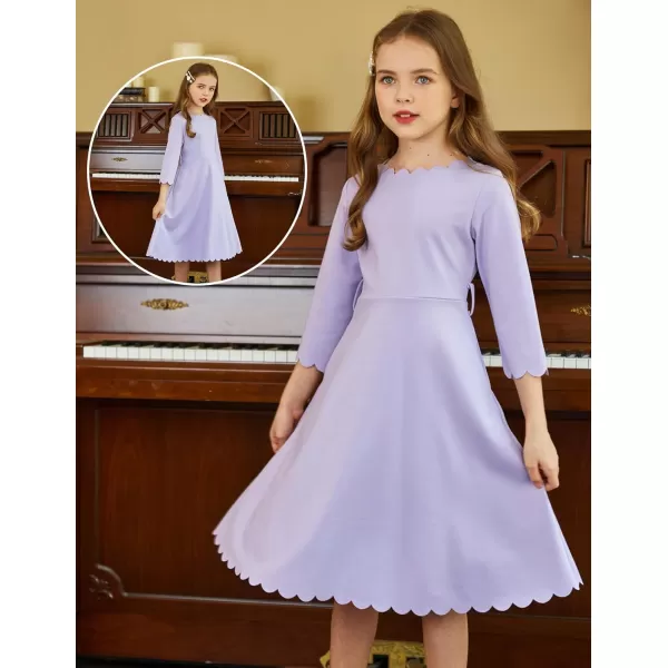 Arshiner Girls Party Dress Scallop Trim Belted A-Line Formal Midi Dresses with Pockets for 6-15Y