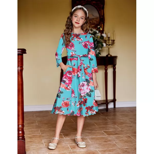 Arshiner Girls Party Dress Scallop Trim Belted A-Line Formal Midi Dresses with Pockets for 6-15Y