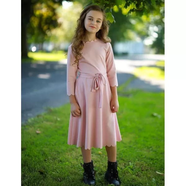 Arshiner Girls Party Dress Scallop Trim Belted A-Line Formal Midi Dresses with Pockets for 6-15Y
