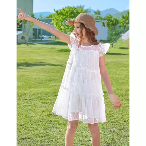 Arshiner Girl's Summer Dress Flared Sleeve Loose Fit Swiss Dots Flowy Pleated Dress