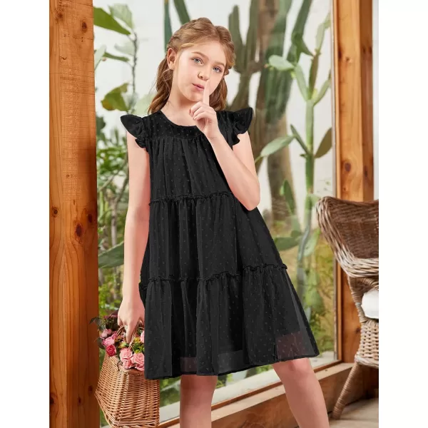 Arshiner Girl's Summer Dress Flared Sleeve Loose Fit Swiss Dots Flowy Pleated Dress