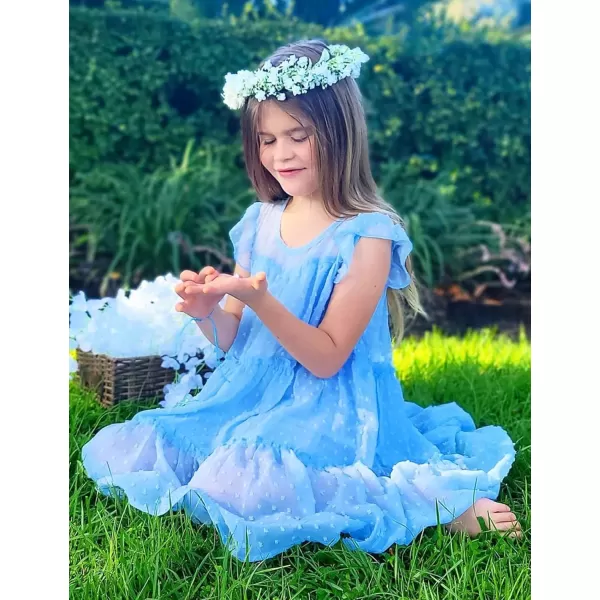 Arshiner Girl's Summer Dress Flared Sleeve Loose Fit Swiss Dots Flowy Pleated Dress