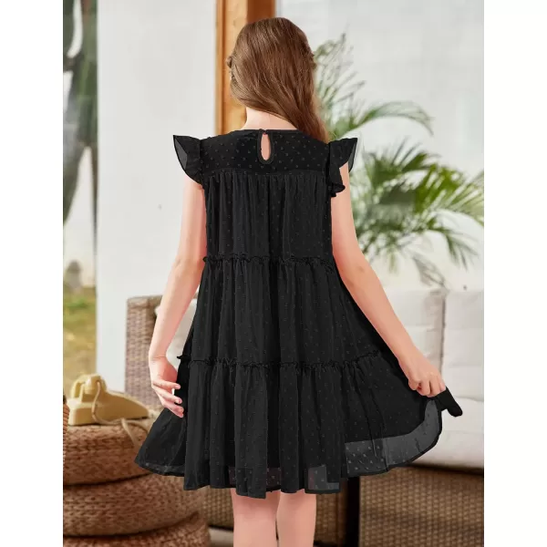 Arshiner Girl's Summer Dress Flared Sleeve Loose Fit Swiss Dots Flowy Pleated Dress