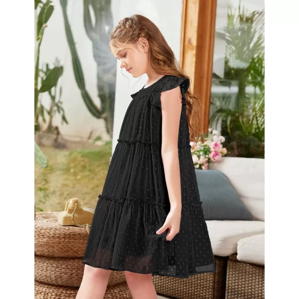 Arshiner Girl's Summer Dress Flared Sleeve Loose Fit Swiss Dots Flowy Pleated Dress