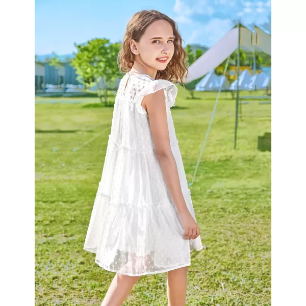 Arshiner Girl's Summer Dress Flared Sleeve Loose Fit Swiss Dots Flowy Pleated Dress