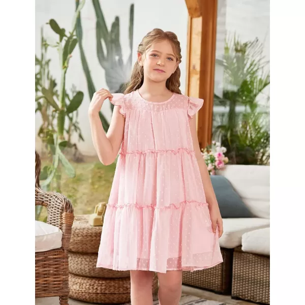 Arshiner Girl's Summer Dress Flared Sleeve Loose Fit Swiss Dots Flowy Pleated Dress
