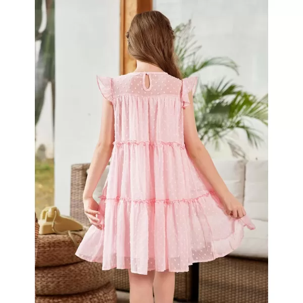 Arshiner Girl's Summer Dress Flared Sleeve Loose Fit Swiss Dots Flowy Pleated Dress
