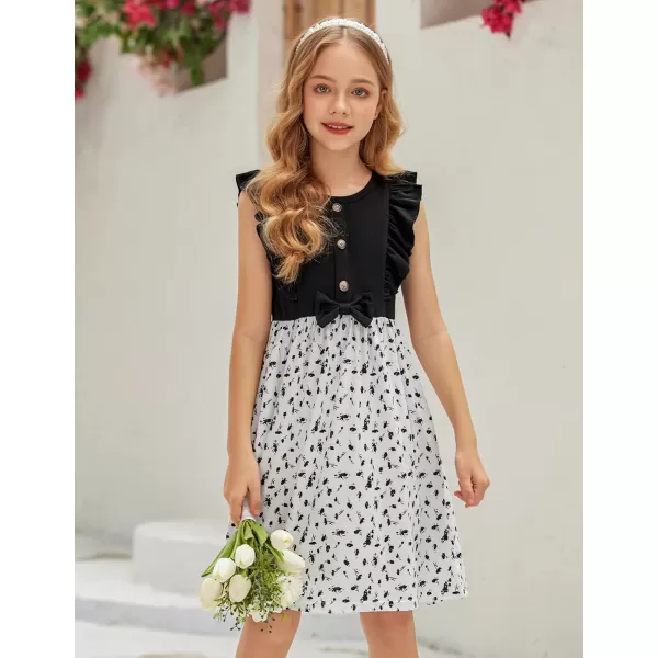 Arshiner Girls Summer Dress Ruffle Trim Button Front Bowknot Casual Swing Sundress with Pockets for 3-11 Years