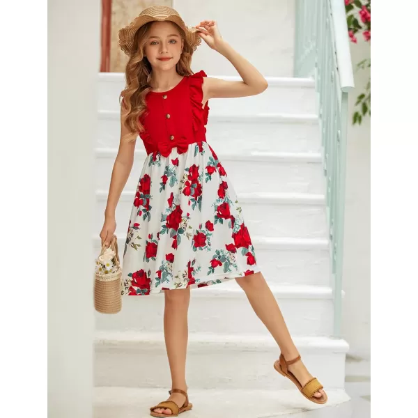 Arshiner Girls Summer Dress Ruffle Trim Button Front Bowknot Casual Swing Sundress with Pockets for 3-11 Years