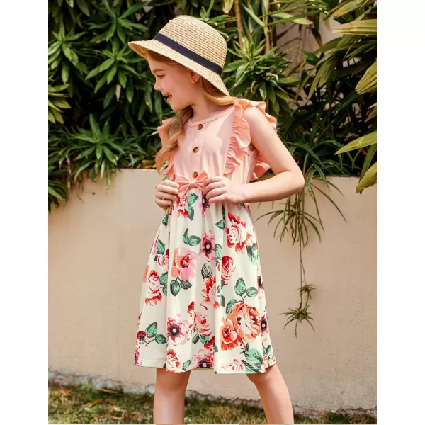 Arshiner Girls Summer Dress Ruffle Trim Button Front Bowknot Casual Swing Sundress with Pockets for 3-11 Years