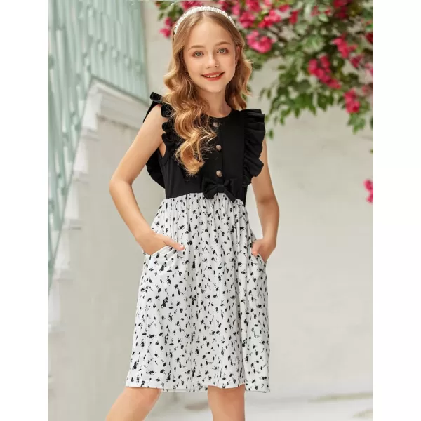 Arshiner Girls Summer Dress Ruffle Trim Button Front Bowknot Casual Swing Sundress with Pockets for 3-11 Years