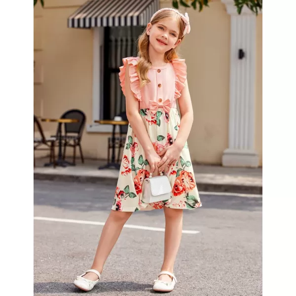 Arshiner Girls Summer Dress Ruffle Trim Button Front Bowknot Casual Swing Sundress with Pockets for 3-11 Years