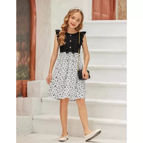 Arshiner Girls Summer Dress Ruffle Trim Button Front Bowknot Casual Swing Sundress with Pockets for 3-11 Years