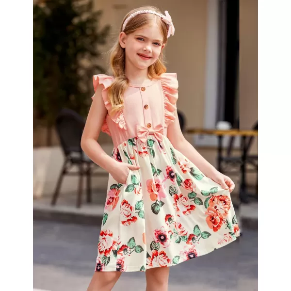 Arshiner Girls Summer Dress Ruffle Trim Button Front Bowknot Casual Swing Sundress with Pockets for 3-11 Years