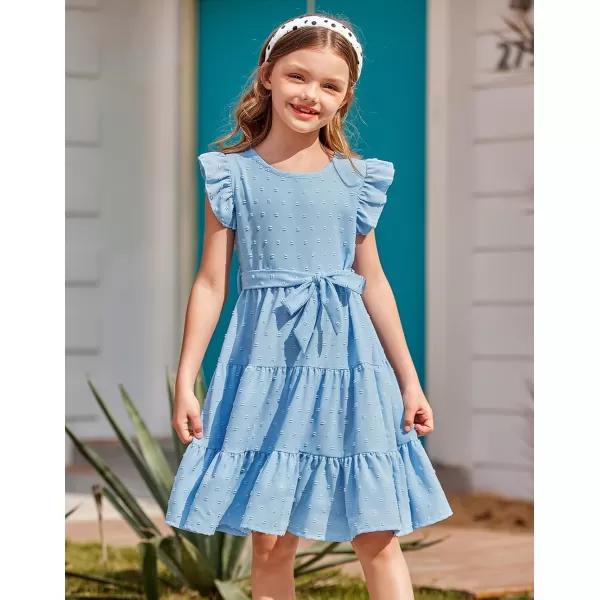 Arshiner Girls Summer Dresses Ruffle Sleeve Swiss Dots Flared Tiered Casual Dress with Belt