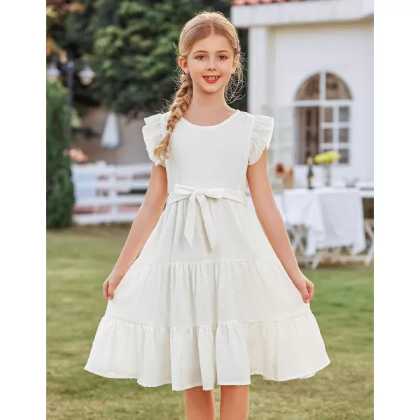 Arshiner Girls Summer Dresses Ruffle Sleeve Swiss Dots Flared Tiered Casual Dress with Belt