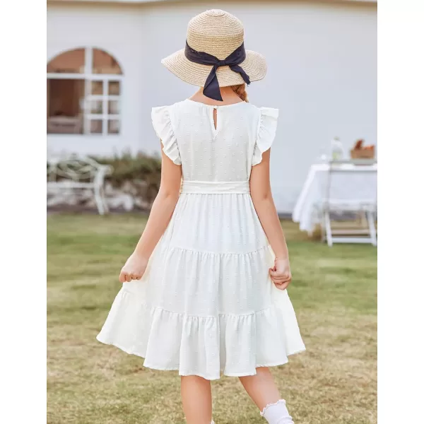 Arshiner Girls Summer Dresses Ruffle Sleeve Swiss Dots Flared Tiered Casual Dress with Belt