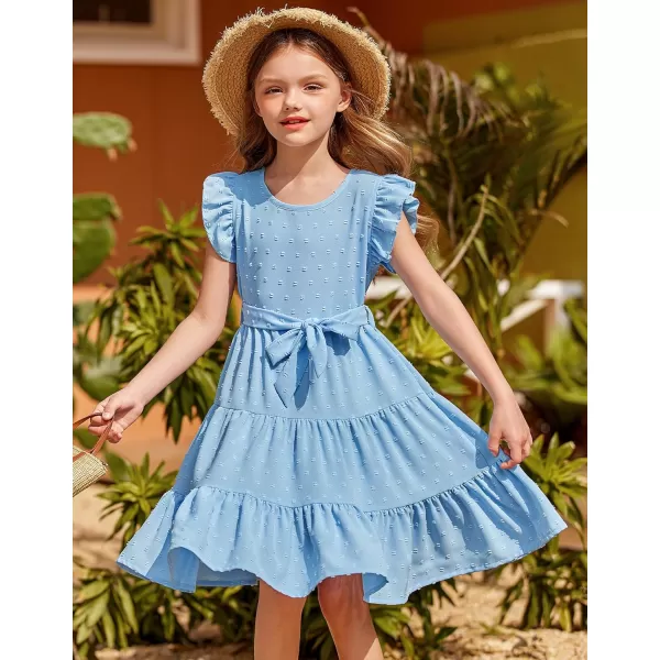 Arshiner Girls Summer Dresses Ruffle Sleeve Swiss Dots Flared Tiered Casual Dress with Belt
