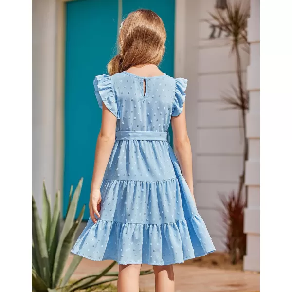 Arshiner Girls Summer Dresses Ruffle Sleeve Swiss Dots Flared Tiered Casual Dress with Belt
