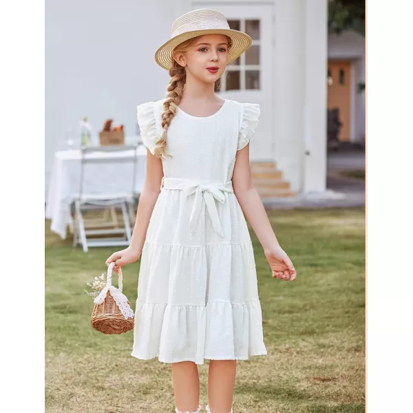 Arshiner Girls Summer Dresses Ruffle Sleeve Swiss Dots Flared Tiered Casual Dress with Belt