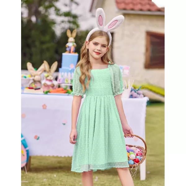 Arshiner Girls Swiss Dot Chiffon Dress Puffy Sleeve Square Neck Smocked Flowy Midi Dresses 5-14 Years
