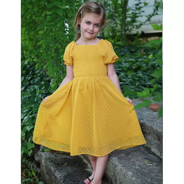Arshiner Girls Swiss Dot Chiffon Dress Puffy Sleeve Square Neck Smocked Flowy Midi Dresses 5-14 Years