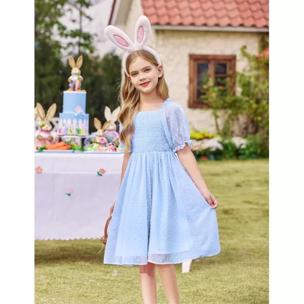 Arshiner Girls Swiss Dot Chiffon Dress Puffy Sleeve Square Neck Smocked Flowy Midi Dresses 5-14 Years