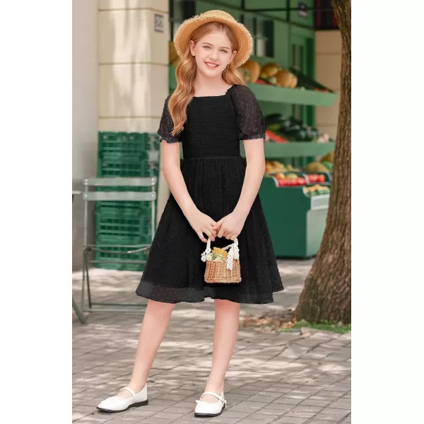Arshiner Girls Swiss Dot Chiffon Dress Puffy Sleeve Square Neck Smocked Flowy Midi Dresses 5-14 Years