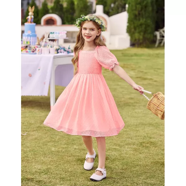 Arshiner Girls Swiss Dot Chiffon Dress Puffy Sleeve Square Neck Smocked Flowy Midi Dresses 5-14 Years