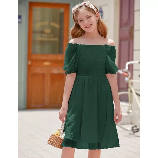 Arshiner Girls Swiss Dot Chiffon Dress Puffy Sleeve Square Neck Smocked Flowy Midi Dresses 5-14 Years
