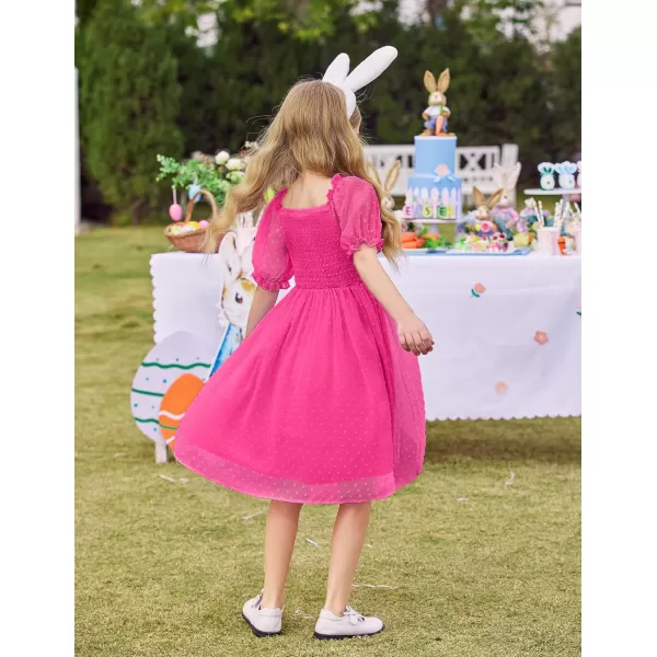 Arshiner Girls Swiss Dot Chiffon Dress Puffy Sleeve Square Neck Smocked Flowy Midi Dresses 5-14 Years