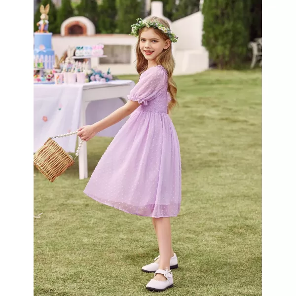 Arshiner Girls Swiss Dot Chiffon Dress Puffy Sleeve Square Neck Smocked Flowy Midi Dresses 5-14 Years