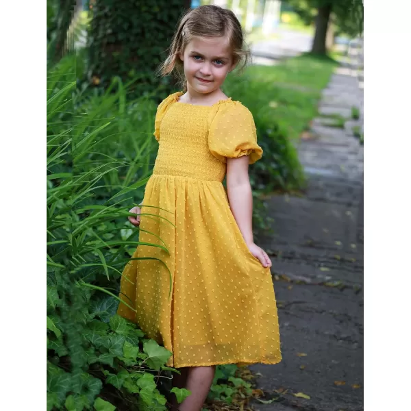 Arshiner Girls Swiss Dot Chiffon Dress Puffy Sleeve Square Neck Smocked Flowy Midi Dresses 5-14 Years