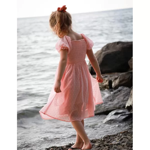 Arshiner Girls Swiss Dot Chiffon Dress Puffy Sleeve Square Neck Smocked Flowy Midi Dresses 5-14 Years