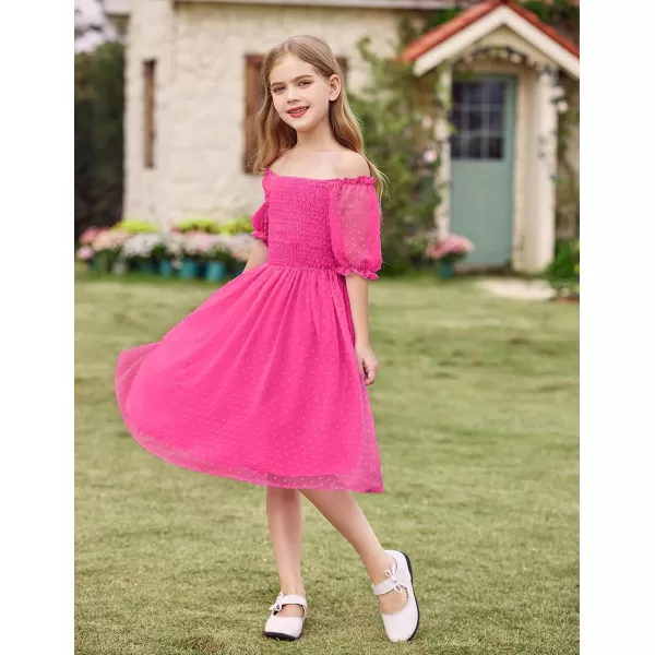Arshiner Girls Swiss Dot Chiffon Dress Puffy Sleeve Square Neck Smocked Flowy Midi Dresses 5-14 Years