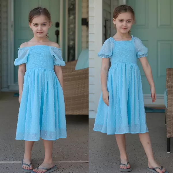 Arshiner Girls Swiss Dot Chiffon Dress Puffy Sleeve Square Neck Smocked Flowy Midi Dresses 5-14 Years
