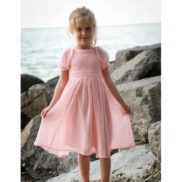 Arshiner Girls Swiss Dot Chiffon Dress Puffy Sleeve Square Neck Smocked Flowy Midi Dresses 5-14 Years