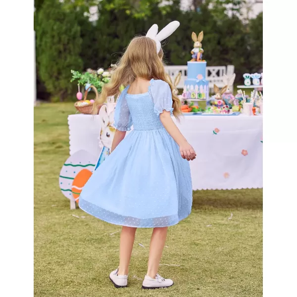 Arshiner Girls Swiss Dot Chiffon Dress Puffy Sleeve Square Neck Smocked Flowy Midi Dresses 5-14 Years