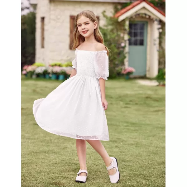 Arshiner Girls Swiss Dot Chiffon Dress Puffy Sleeve Square Neck Smocked Flowy Midi Dresses 5-14 Years