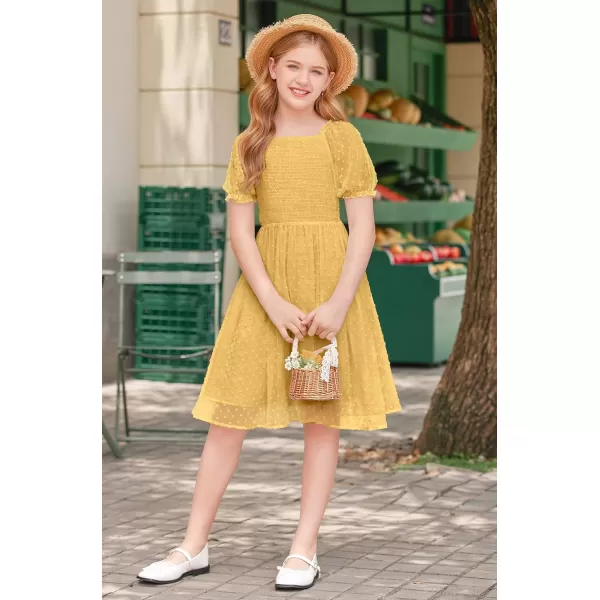 Arshiner Girls Swiss Dot Chiffon Dress Puffy Sleeve Square Neck Smocked Flowy Midi Dresses 5-14 Years