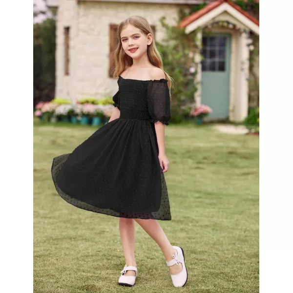 Arshiner Girls Swiss Dot Chiffon Dress Puffy Sleeve Square Neck Smocked Flowy Midi Dresses 5-14 Years