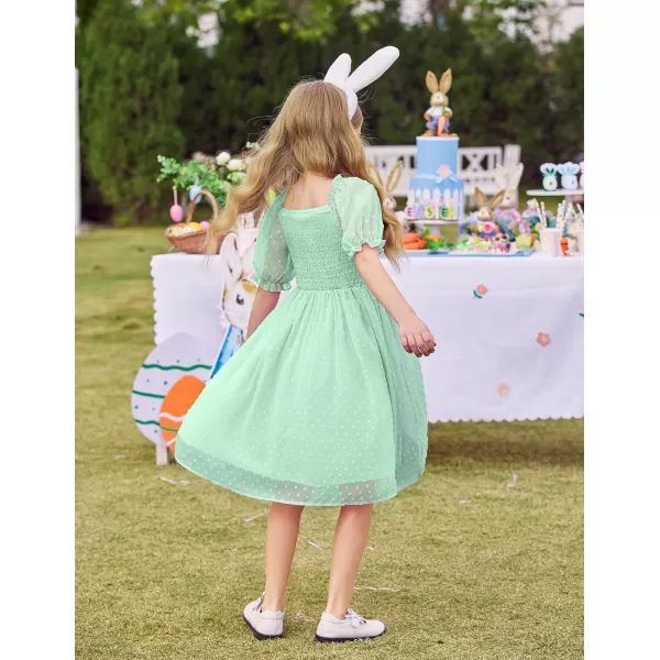 Arshiner Girls Swiss Dot Chiffon Dress Puffy Sleeve Square Neck Smocked Flowy Midi Dresses 5-14 Years